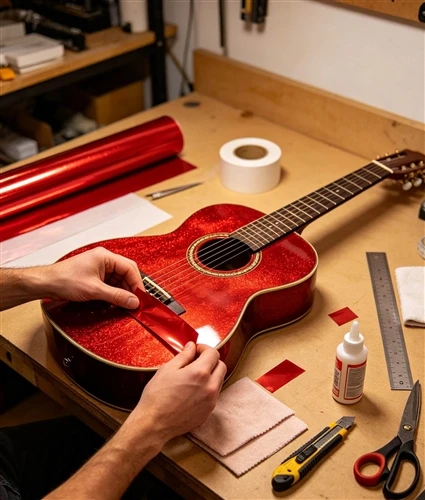 How to decorate a musical instrument with Red Holographic Plastic Foil?